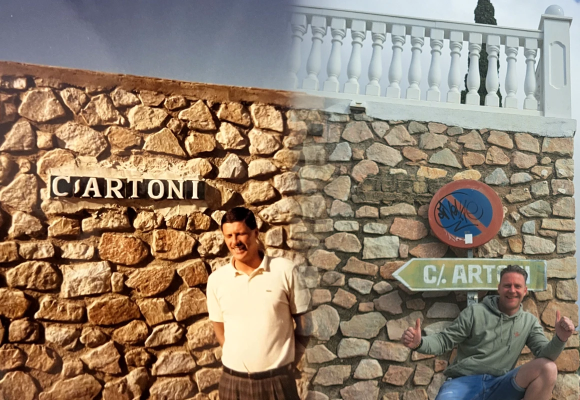 Twee opnamen van dezelfde plek in Spanje, in elkaar overlopend: links Rogér van Happen bij het bord C. Artoni in februari 1985, rechts Rutger van Happen op dezelfde hoek in februari 2025.